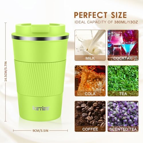 KETIEE Coffee Mug 12oz, Insulated Travel Mug with Leakproof Lid, Double Wall Vacuum Travel Coffee Mug Stainless Steel Reusable Coffee Cup for Hot and Iced Coffee Tea Water (Green)