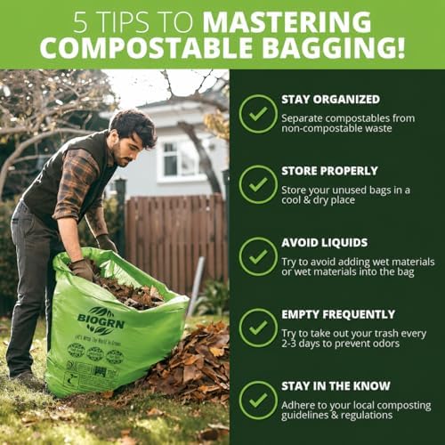 60-64 Gallon Compostable Trash Bags, 12 Count, 2 Mil Heavy Duty Flat Top Large Trash Bags, 243L Lawn & Yard Waste Bags for Outdoor Garden Cleanup, ASTM D6400 BPI & OK Compost HOME Certified