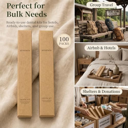 Bamboo Toothbrushes with Toothpaste 6g Individually Wrapped, 100 Pack Individually Wrapped Disposable Toothbrush Travel Kit, for Hotel, Airbnb Amenities, Guest Rooms, Camping