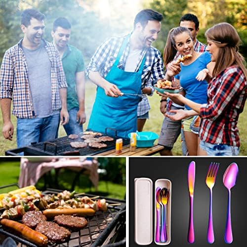 SAOSHYPEI Travel Utensils with Case, 4-Piece Stainless Steel Set, Rainbow
