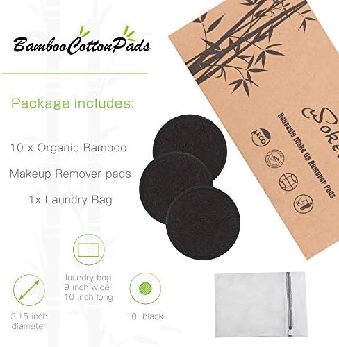 Reusable Makeup Remover Pads Black Washable - 10 Pack Organic Cotton Rounds for Face Eye with Laundry Bag, Facial Cleansing Cloth Towel, Make-Up Removal Wipes for All Skin Types