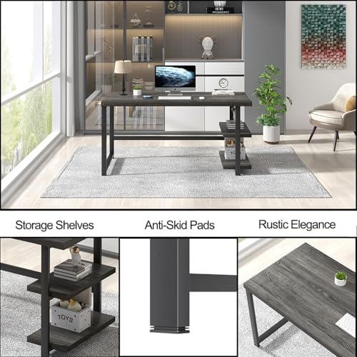 FOLUBAN Home Office Desk, Modern Computer Desk with Storage Shelf, Wood Study Writing Gaming Table for Bedroom Living Room, Industrial Dark Gray, 53 Inch