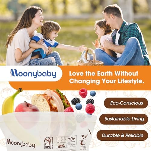 Moonybaby Compostable Quart Size Food Storage Bags (30 Count), Organic Food Storage Container with Food-Safe Zip Seal, Freezer and Leak Proof