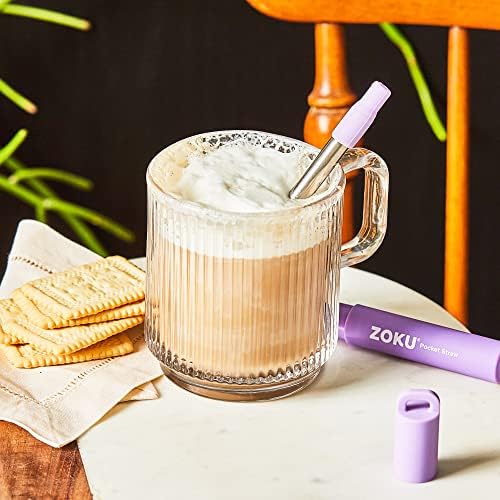 ZOKU Reusable Metal Straw with Case for Travel, Purple - Collapsible Stainless Steel Drinking Straw with Silicone Tip and Cleaner Brush, Ideal for Key Chains, Pockets, Purses