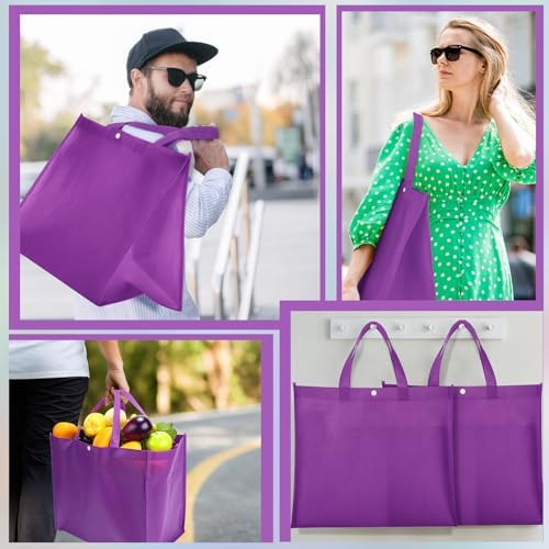Zhehao 60 Pcs Reusable Grocery Shopping Bags Large Foldable Gift Tote Non Woven Fabric Bags with Handle and Plastic Button for Birthdays, Bridesmaids, Party Favors, 15 x 9.5 x 13 Inch (Purple)