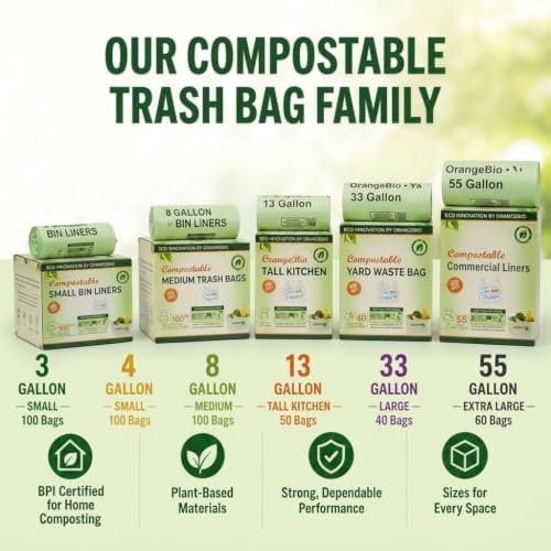 OrangeBio 8 Gallon Compostable Trash Bags, 100 Count, BPI Home Certified