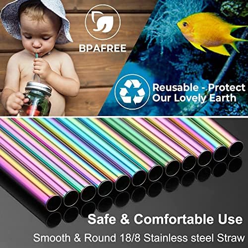 Vinaco 6 Pack 0.4" Wide Bore Reusable Stainless Steel Smoothie Straws