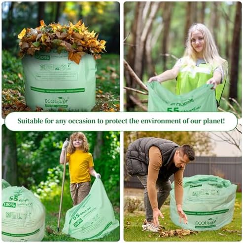 ECOLipak 55 Gallon 12 Count Large Compostable Trash Garbage Bags for Lawn