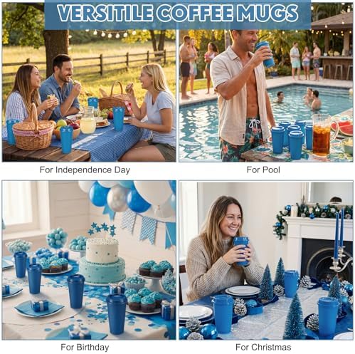 Honeydak 66 Pack 16 oz Reusable Coffee Cups with Lids Water Bottle Iced Coffee Travel Mug Portable Plastic Tea Tumblers Bulk for Hot and Cold Drinks Birthdays Party (Dark Blue,Classic)
