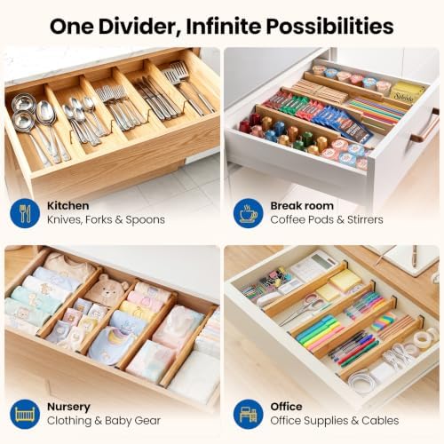 4 Pack 4" Deep Bamboo Drawer Dividers, 12-17" Expandable Kitchen Organizers