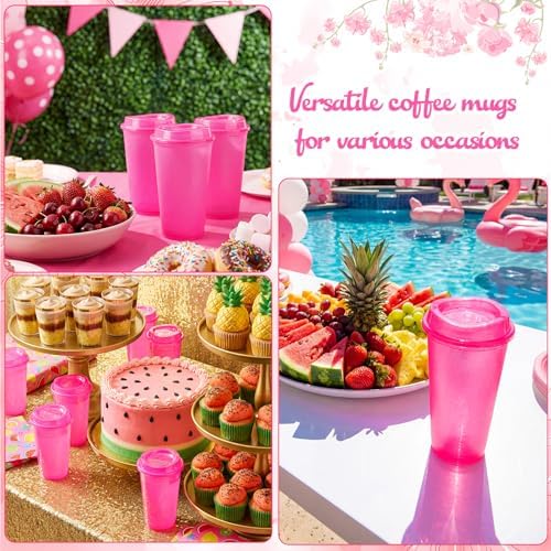 Honeydak 45 Pack 16 oz Reusable Coffee Cups with Lids Water Bottle Iced Coffee Travel Mug Portable Plastic Tea Tumblers Bulk for Hot and Cold Drinks Birthdays Party (Hot Pink,Stylish)