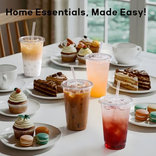 AOZITA 100 Pack - 24 oz Clear Plastic Cups with Lids and Straws, Food Safe Disposable Iced Coffee Cups for Cold Beverages, Smoothies, Iced Coffee, Leak-Proof, BPA-Free
