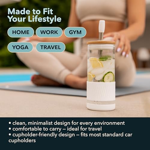 Pandaloo® Glass Cups With Lids and Straws -20 Fl Oz- Perfect Size Iced Coffee Cup - Smoothie Cup With Bamboo Lid and On the go Lid - Glass Tumbler With Straw (1 Count (Pack of 1), Black Saphir)