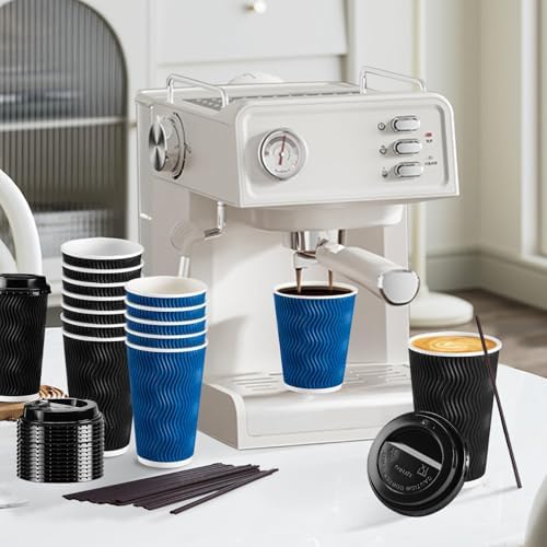 Lamosi 16 oz Disposable Coffee Cups with Lids, 100 Pack Insulated Hot Cups To Go Paper Coffee Cups with Lids and Straws, Corrugated Ripple Wall Cup for Hot Drink, Office, Coffee Bar (Black)
