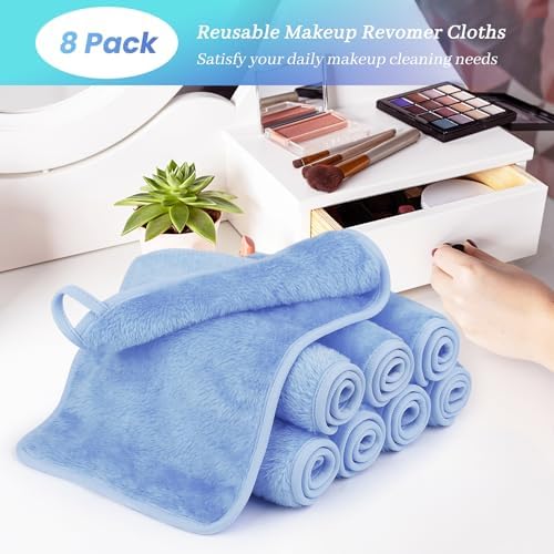8 Pack Makeup Remover Cloth,13x7 Inch Reusable Makeup Remover Towels, Ultra Soft Microfiber Face Cloth Reusable Facial Washcloths, Blue