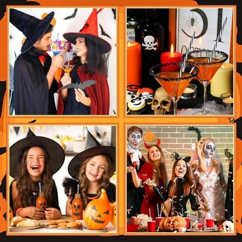 JANYUN 30 Pcs Halloween Straws Plastic, Reusable Black and White Straws