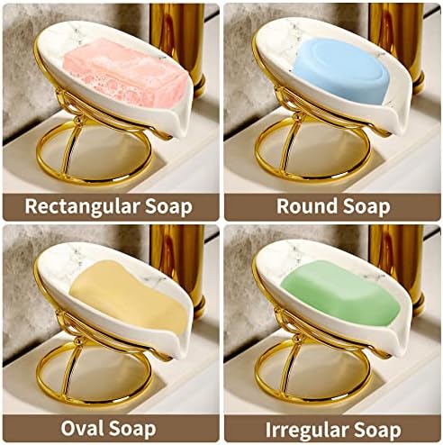 Dobbyby Leaf-Shaped Soap Dish – Ceramic Soap Bar Holder with Self-Drainage System – Bar Soap Holder for Shower, Bathroom Sink, Kitchen – Soap Dish with Stainless Steel Stand (White-Gold-2 Pack)