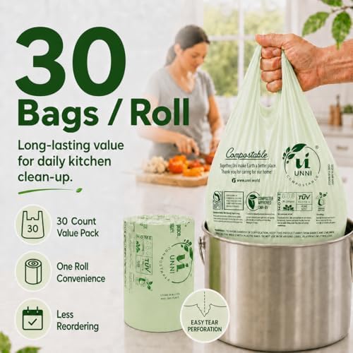 UNNI 8 Gallon Compostable Bags with Easy-Tie Handles, 30 Liter, 30 Count