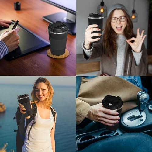 4 Pack Insulated Coffee Mug with Lid 17oz Travel Coffee Tumbler Stainless Steel Reusable Coffee Cups Thermal Coffee Mug for Hot and Iced Cold Drinks, Black