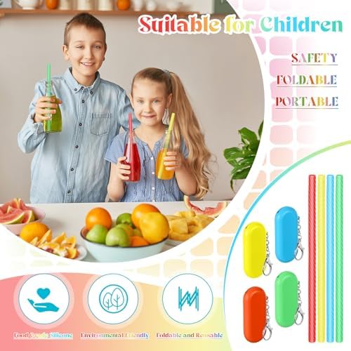 Meanplan 4 Sets Reusable Straws Travel Case Brush Silicone,Rainbow Colors
