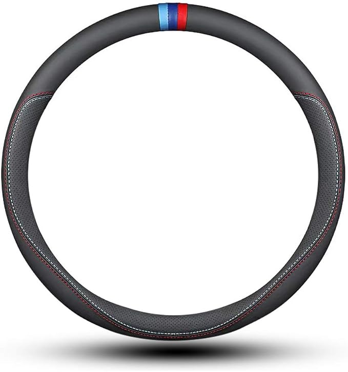 Carodi Latest Nappa Leather car Steering Wheel Cover, Stylish Non-Slip Leather car Interior 15 inches Universal Black(red and Blue Signs)