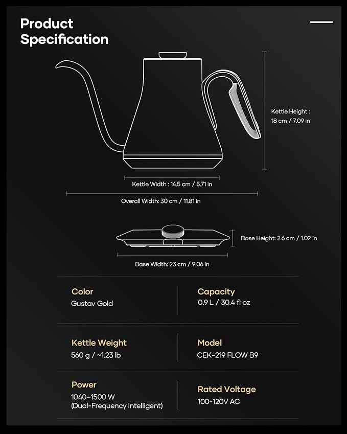 Cocinare FLOW B9 Gooseneck Electric Kettle, Precise Temperature Control
