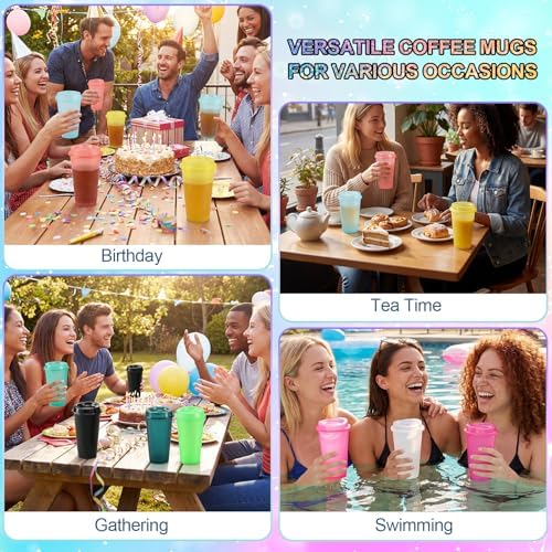 Honeydak 45 Pack 16 oz Reusable Coffee Cups with Lids Water Bottle Iced Coffee Travel Mug Portable Plastic Tea Tumblers Bulk for Hot and Cold Drinks Birthdays Party (Fluorescent Color,Stylish)