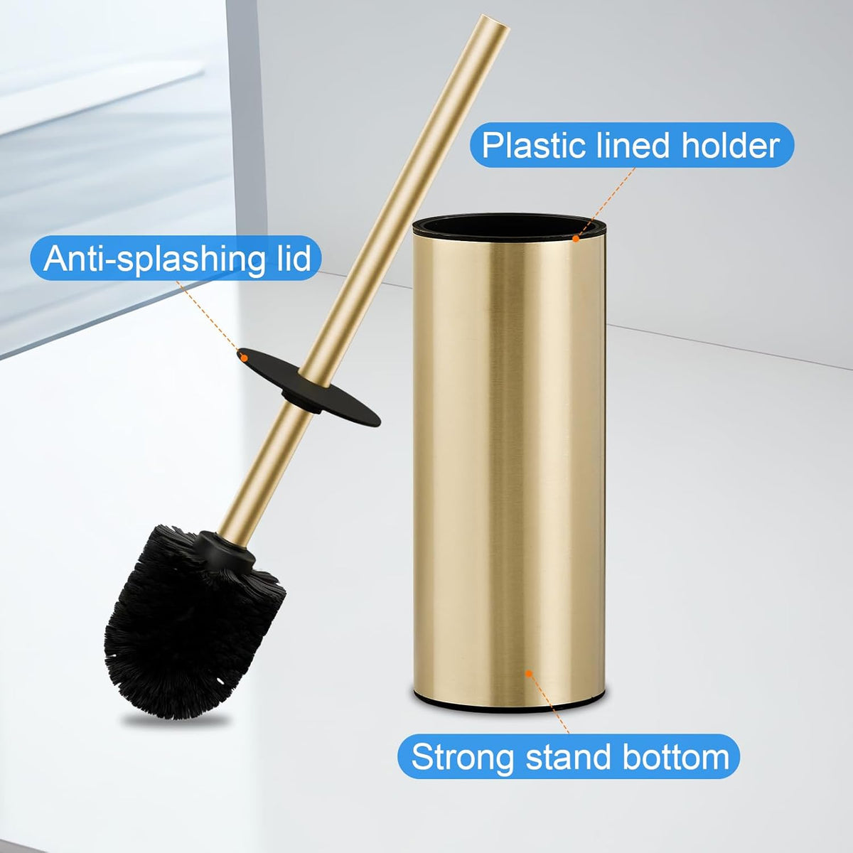 304 Stainless Steel Toilet Bowl Brush and Holder Set, Circular Floor Toilet Brush Holder, Long Handle, Bathroom Heavy-Duty Cleaner, High-End Cylinder Wall,2 Brush Head (Brushed Gold) YIGUANXIN