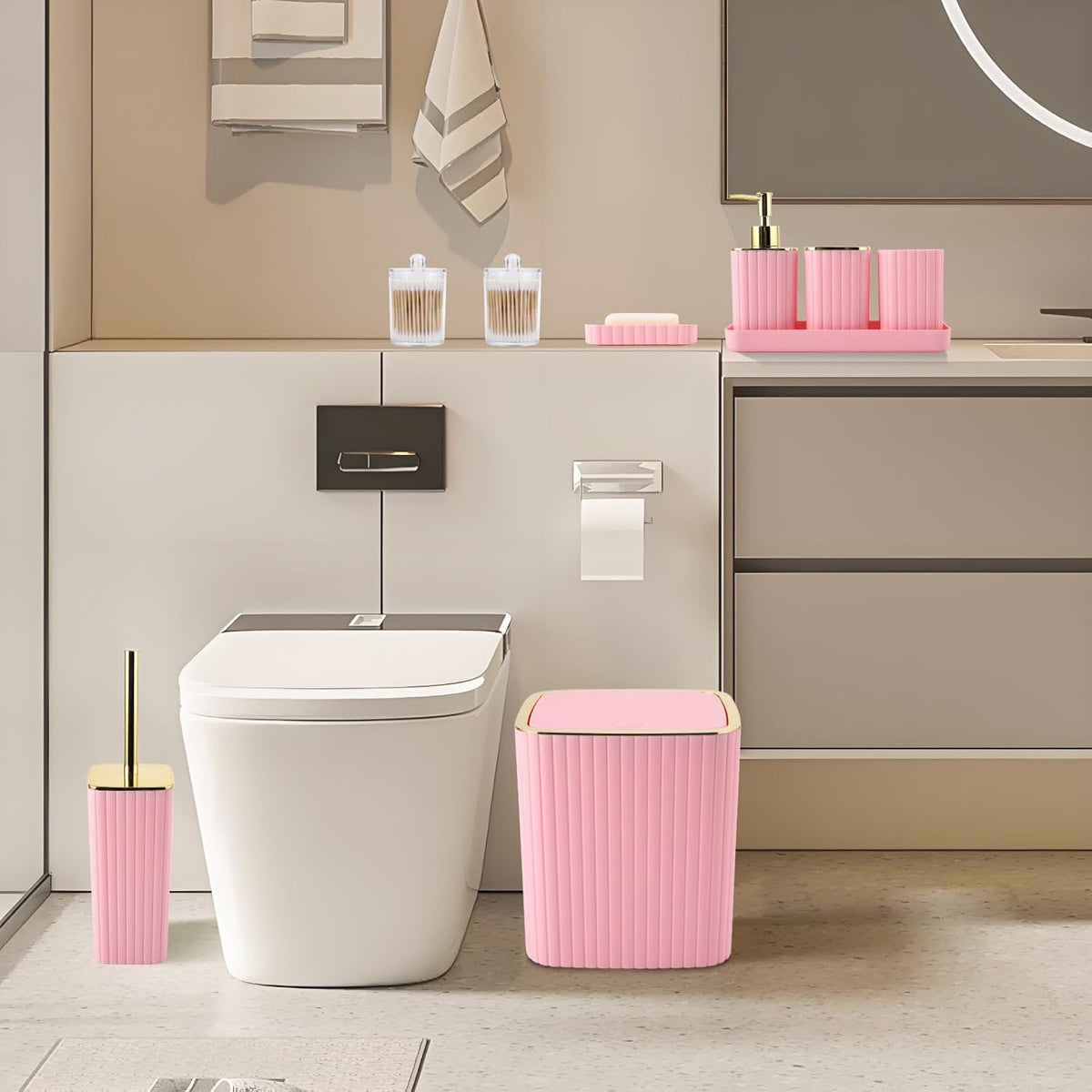 Pink Bathroom Accessories Set - Gorgeous Bathroom Set, 10PC Bathroom Accessory Set, Toilet Brush, Trash Can, Qtip Holder Dispenser & Soap Dispenser