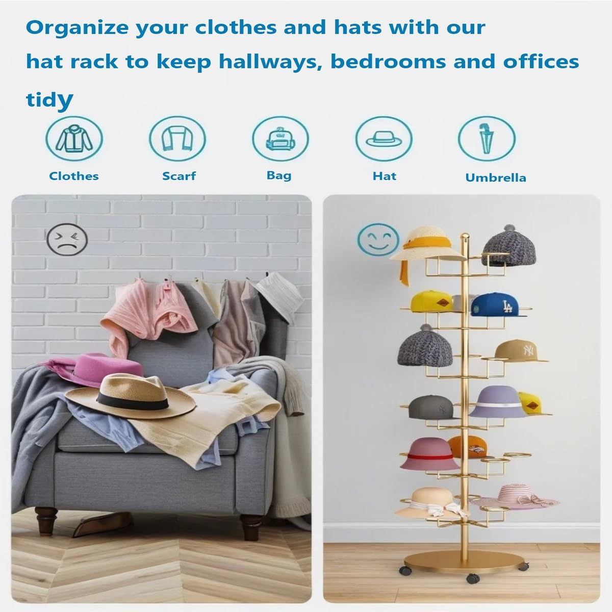 Hat Rack Stand 30-Hooks, Hat Display Stand Metal,Hat Display for Stores, Home or Store of Standing hat Rack(Black,6th Floor)