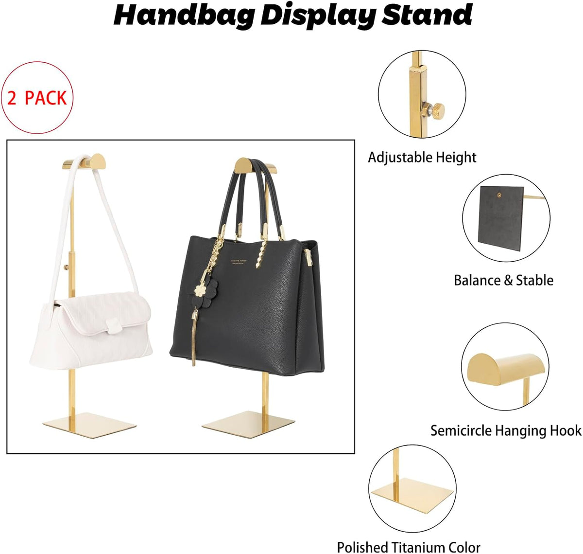 Handbag Display Stands - 2 Pack Stainless Steel Purse Display Stand Adjustable Height Hanging Hook Stands Ornament for Home Store Boutique Counter (Anti-fingerprint)