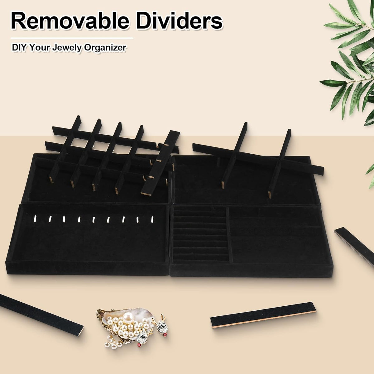 Jenseits 4 Stackable Jewelry Trays Organizer Set for Drawers, Jewellery Drawer Insert Divider Jewel Display Storage with Removable Dividers for Earring Necklace Rings Bracelet, Black
