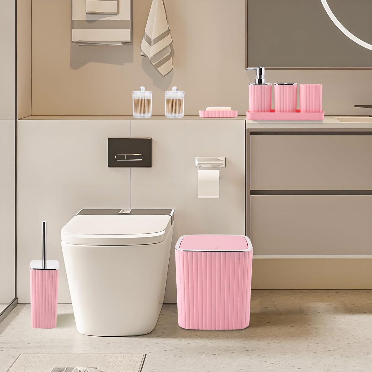 Pink Bathroom Accessories Set - Gorgeous Bathroom Set, 10PC Bathroom Accessory Set, Toilet Brush, Trash Can, Qtip Holder Dispenser & Soap Dispenser