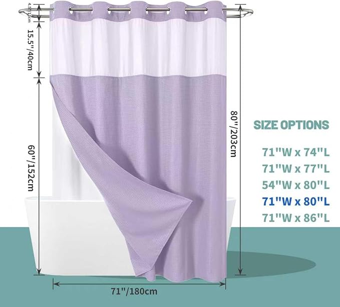 eachope Lavender Long No Hook Waffle Weave Shower Curtain with snap-in Liner Replacement, 230GSM Waterproof Fabric Hotel Shower Curtain Set for Bathroom, Through Mesh Top Window,71Wx80H