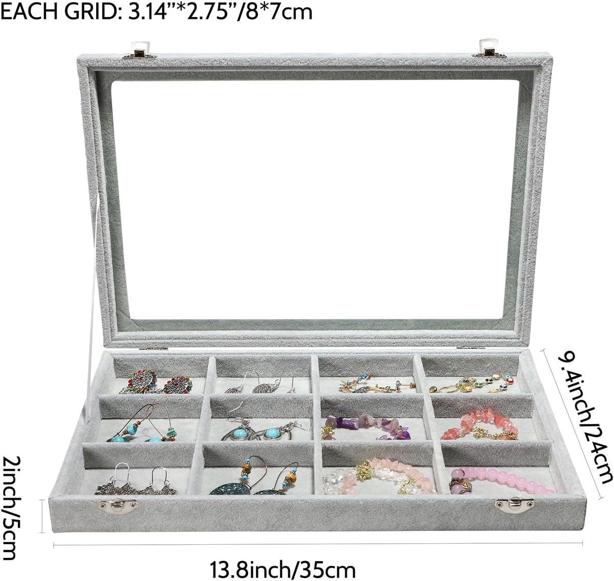Stratalife Jewelry Holder Organizer Jewelry Organizer Box Bracelet Storage Velvet Jewelry Tray with Clear Lid Jewelry Drawer Organizer Jewelry Display Tray 12 Grid Grey