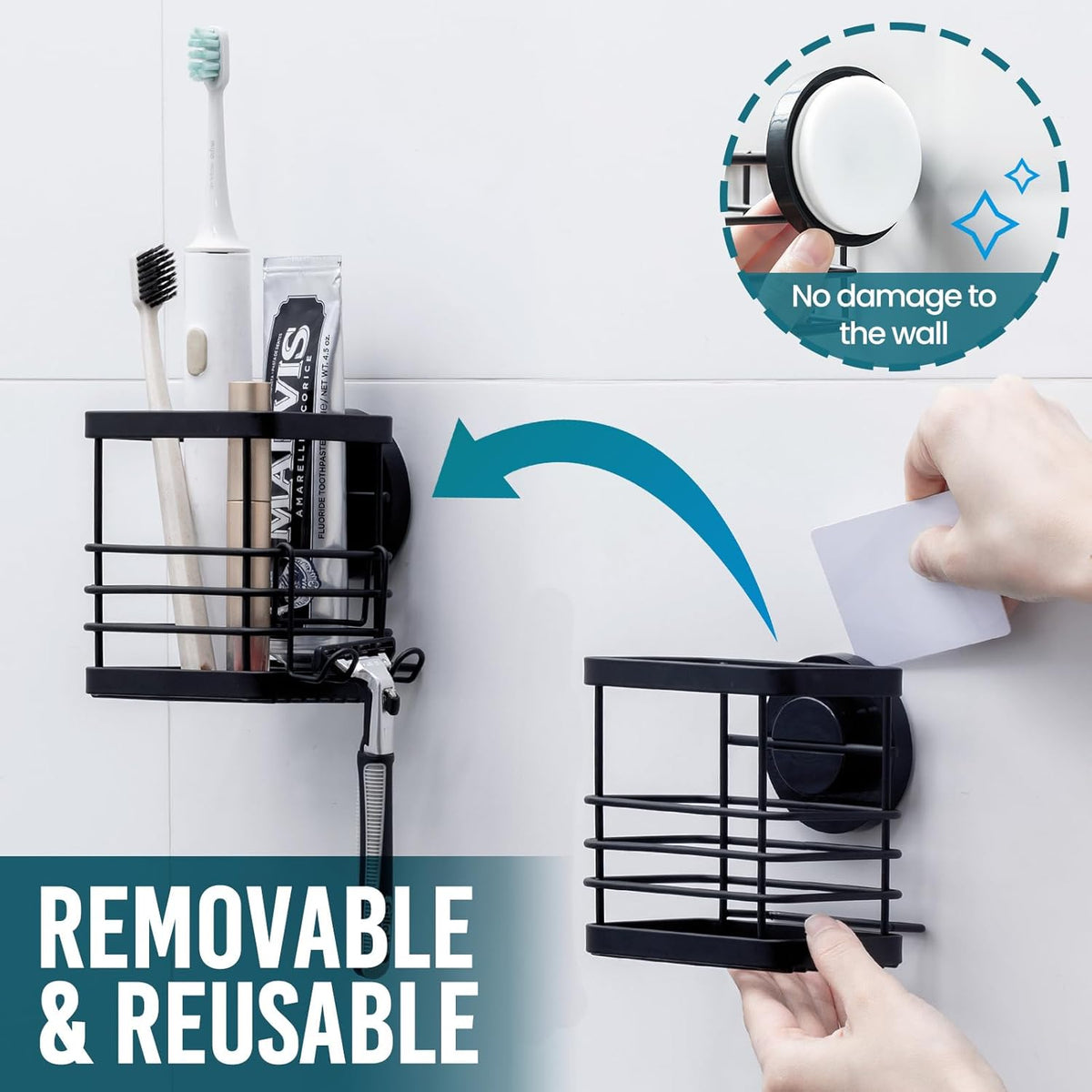 TAILI Patented Suction Cup Toothbrush Holder, Stainless Steel Anti-puddling Shower Toothbrush Holder, No Drilling Removable Organizer for Bathroom Toothpaste, Razor, Kitchen and Office Items, Black
