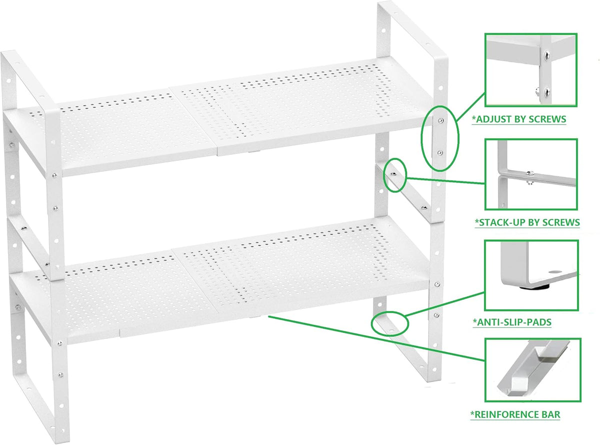 Expandable Shoe Rack Stackable Metal Pantry Storage Shelves Stand Adjustable Height Cabinet Shelf Organizer Racks Spice Shelving(3PACKS/WHITE,MEDIUM)