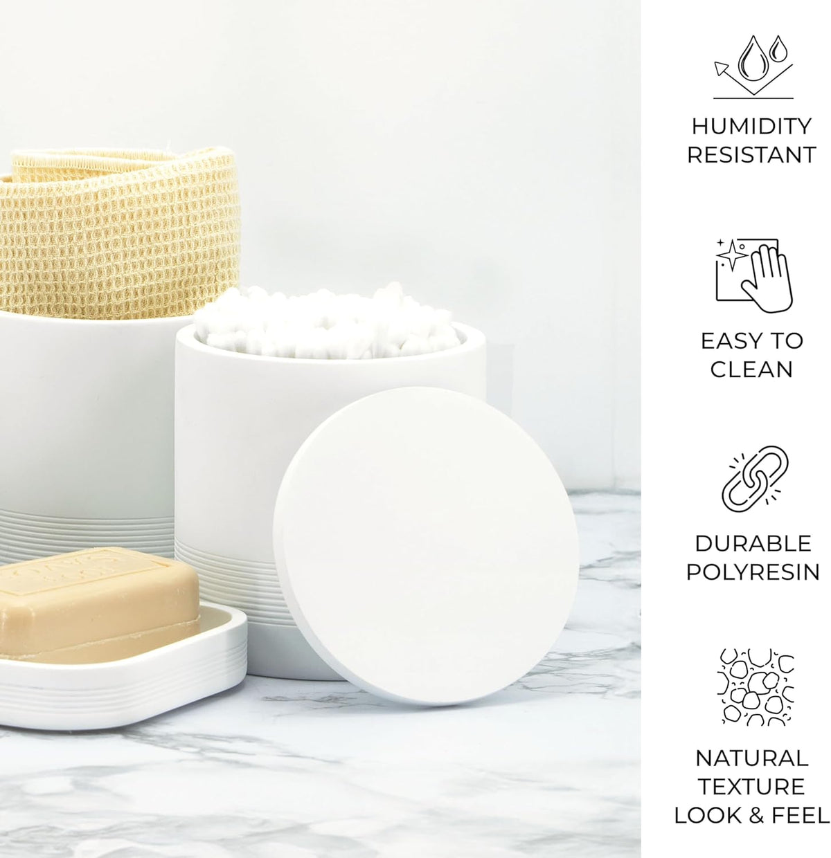 ZCCZ White Bathroom Accessories Set 6 Pieces - Toothbrush Holder, Lotion Dispenser, Qtip Container, Vanity Tray, Tumbler - Countertop Organizer for Bathrooms - Elegant and Functional Décor Set