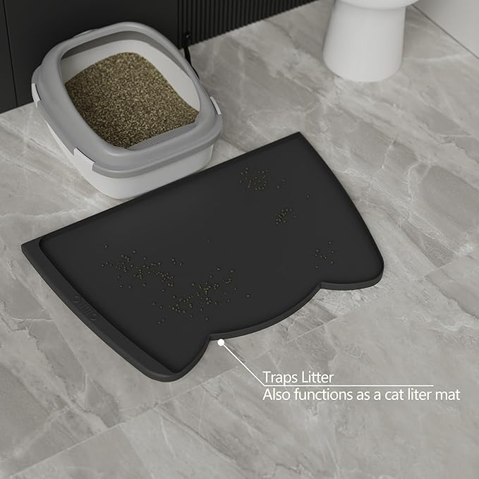 OHMO Dog Food Mat(Black, 24 * 15'') w/Residue Collection Pocket Silicone Pet Feeding Mat for Floor High Edges Anti Spills Waterproof Cat Water Bowl Tray, Easy Clean Placemat