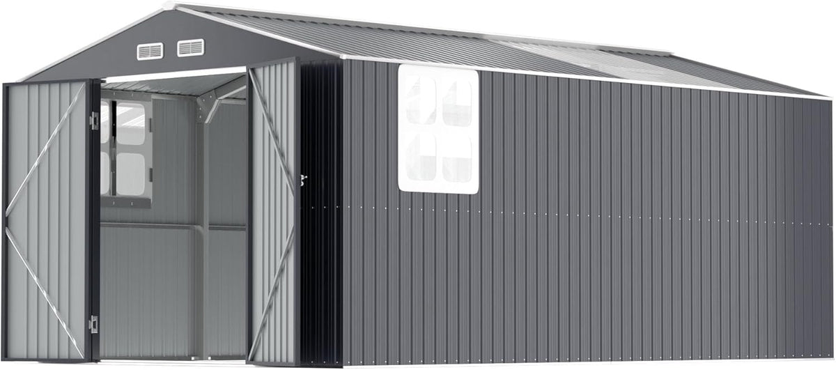 Metal Shed 10x16 FT Big with Heavy-Duty Reinforced Steel Frame and Customizable Skylight, Lockable Doors, 4-Pane Windows,Large Outdoor Storage for Garden, Tools, and Utility