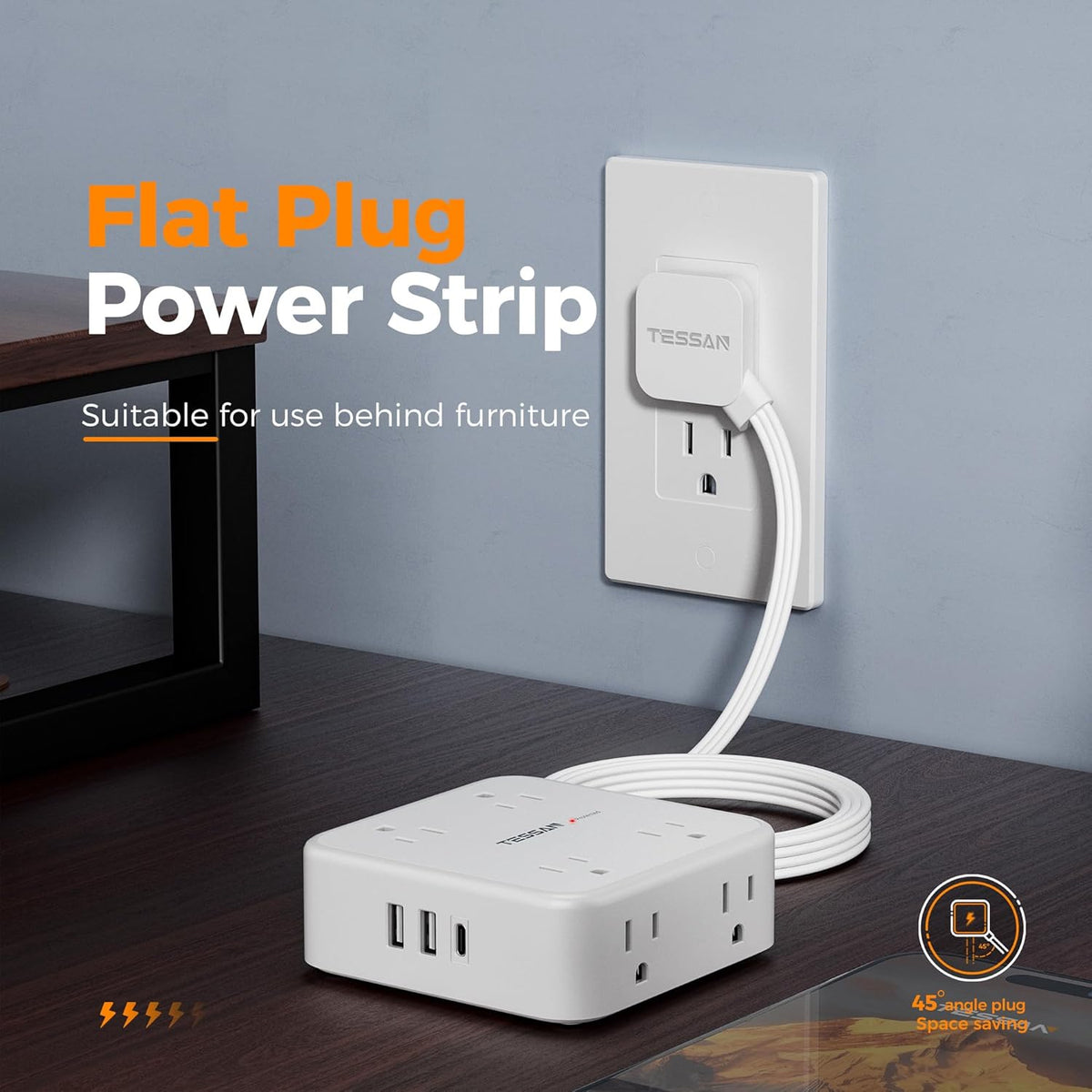 Surge Protector Power Strip, TESSAN 15 FT White Extension Cord Flat Plug with 8 AC Outlets 3 USB Ports (1 USB C), 900J Surge Protection, 3 Sided Wall Mountable Outlet Extender for Office Dorm Room