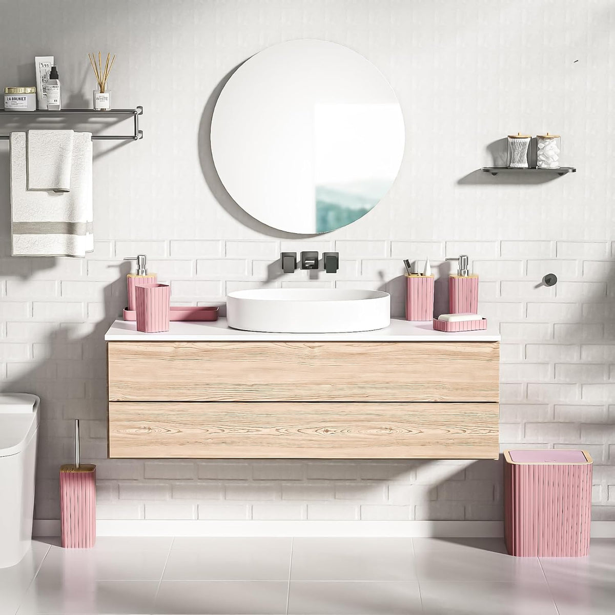 Bathroom Accessories Set - Elegant Pink Bathroom Set, 10PC Bathroom Accessory Set, Toilet Brush, Bathroom Trash Can