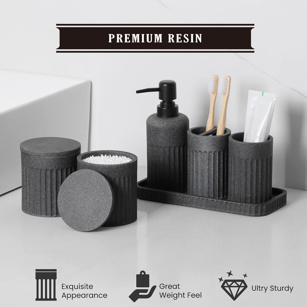 Bathroom Accessory Set - 6 Pieces Bathroom Accessories Set Complete with Soap Dispenser, Toothbrush Holders, Tumbler, Vanity Tray and 2 Qtip Holder for Home Organizer and Decor, Dark Grey