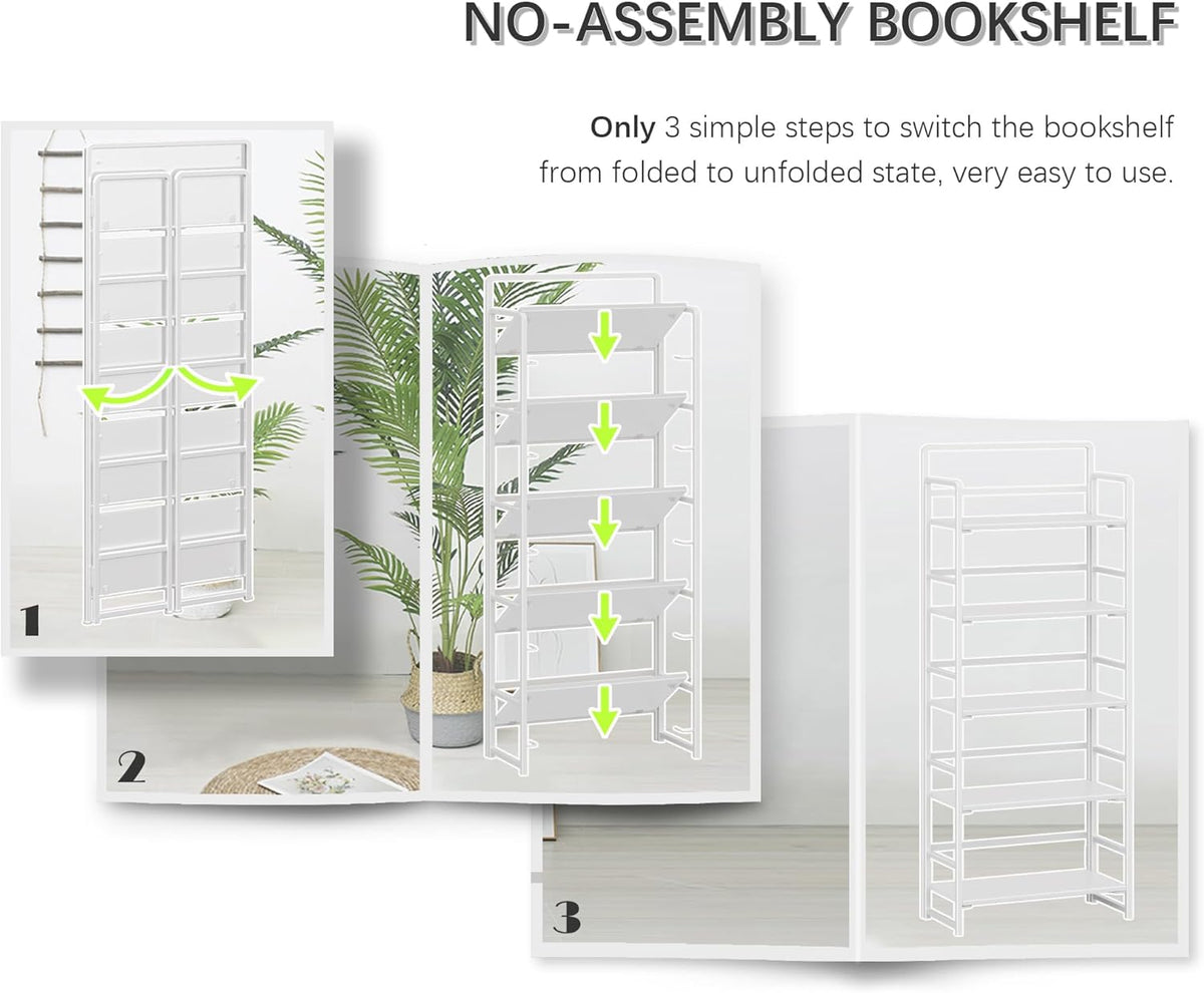 4NM No Assembly 5 Tiers Folding Bookshelf Storage Shelves Vintage Bookcase Standing Racks Study Organizer Home Office (All White)