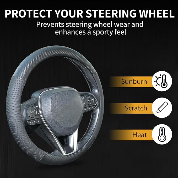 Carbon Fiber Leather Steering Wheel Cover, Universal 14.5–15 Inch Non-Slip Breathable Steering Wheel Cover for Cars, Carbon Fiber