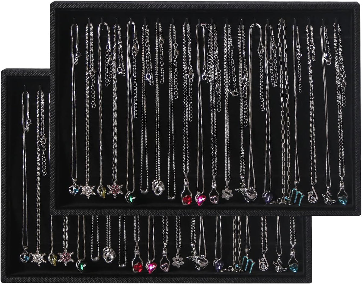 Julysky 2 Pcs/set Stackable Jewelry Organizer Trays,Necklace Tray+Necklace Tray, Jewelry Displays for Selling,Black