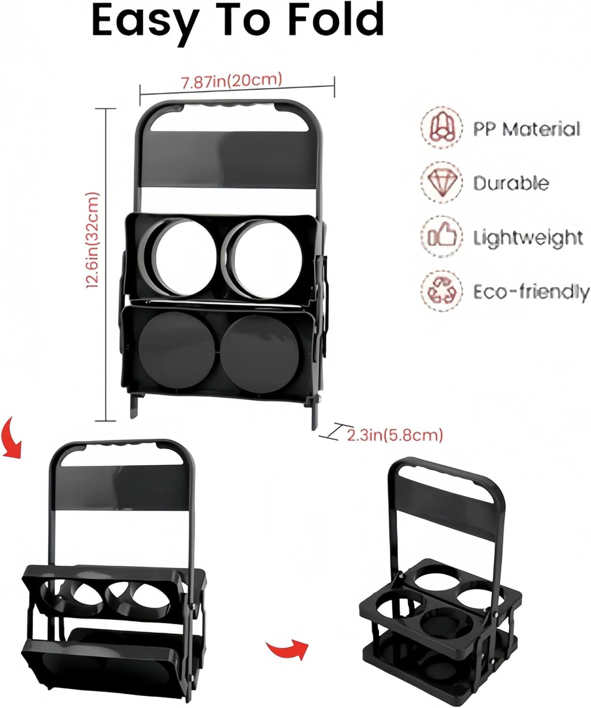 Foldable Beer Carrier 2/4/6 Pack, Heavy-Duty Plastic Drink Caddy, Portable Beverage Tote with Handle,cup carriers (black, 2 cups)