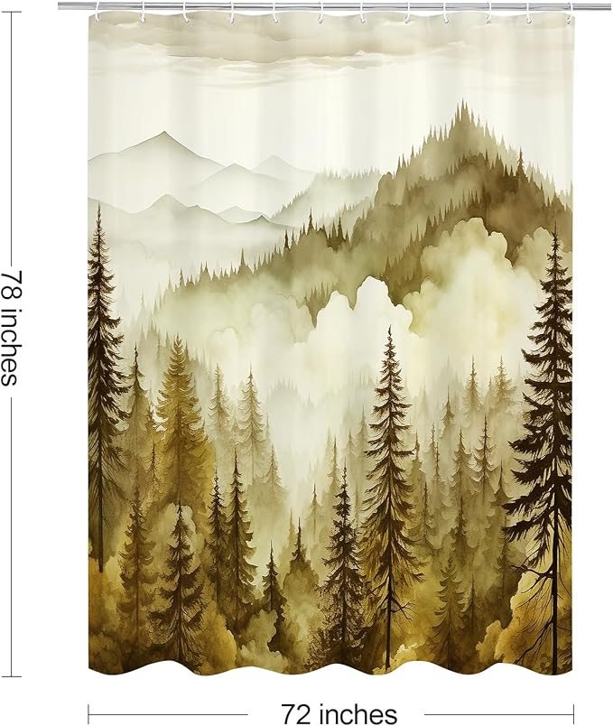 Litabel Yellow Long Misty Pine Forest Shower Curtain 72 x 78, Mountain Foggy Woodland Scenery Tree 78 Inch Long Shower Curtains for Bathroom, Abstract Waterproof Nature-Themed Decor