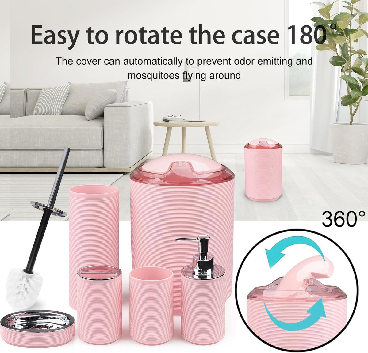 CERBIOR Bathroom Accessories Set Bath Ensemble Includes Soap Dispenser, Toothbrush Holder, Toothbrush Cup, Soap Dish for Decorative Countertop and Housewarming Gift (Pink Spiricle)