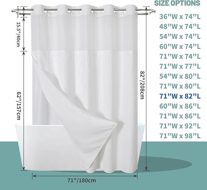 eachope White No Hook Waffle Weave Shower Curtain with snap-in Liner Replacement, 230GSM Waterproof Fabric Hotel Shower Curtain Set for Bathroom, Through Mesh Top Window,71Wx82H